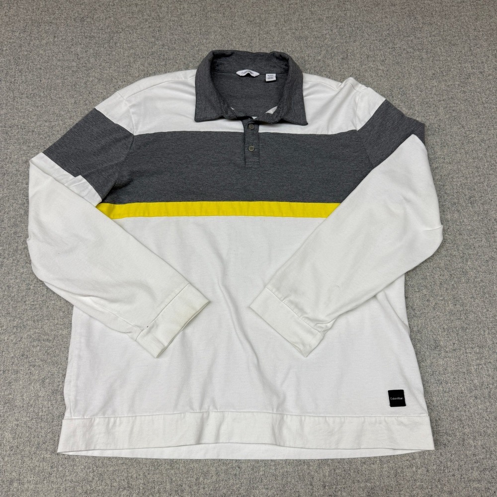 Calvin Klein Polo‎ Shirt XL White Grey Yellow Colorblock Long Sleeve Logo Casual